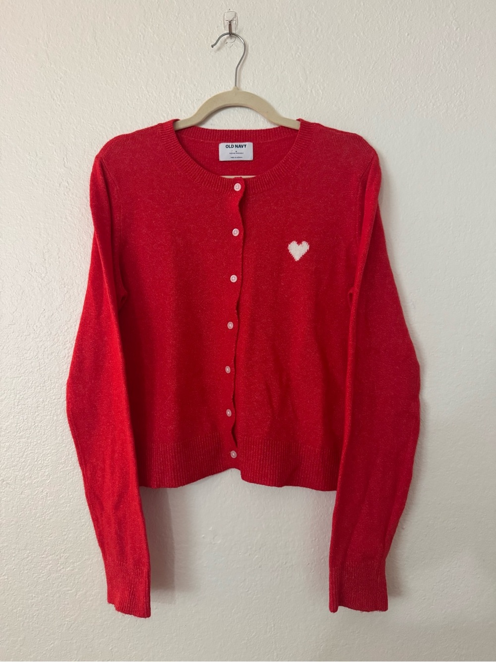 Old Navy Red Crewneck Cardigan with White Heart Detail